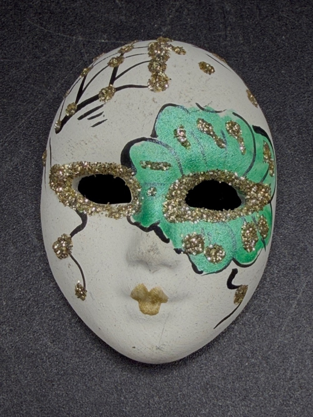Vintage Hand Painted Ceramic Glitter Accent Figure Face Mask Brooch Pin Jewelry